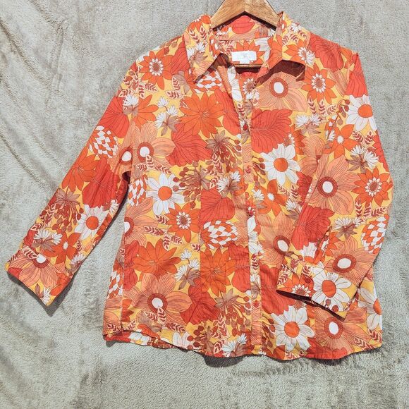 LOFT Orange Floral Long Sleeve Button Up Lightweight Blouse Size 14 Feminine - Picture 1 of 10